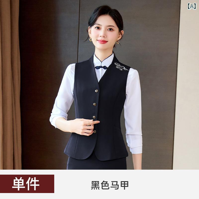 ベスト レディース ノースリーブ 新中式 デザイン 刺繍 Vネック ポリエステル ワーク ホテル サービス..