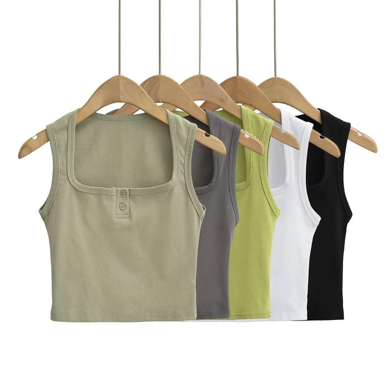 タンクトップ レディース 快適 三つボタン 無地 ストリート アメカジ 伸縮性 ブラック ホワイト 炭グレ..