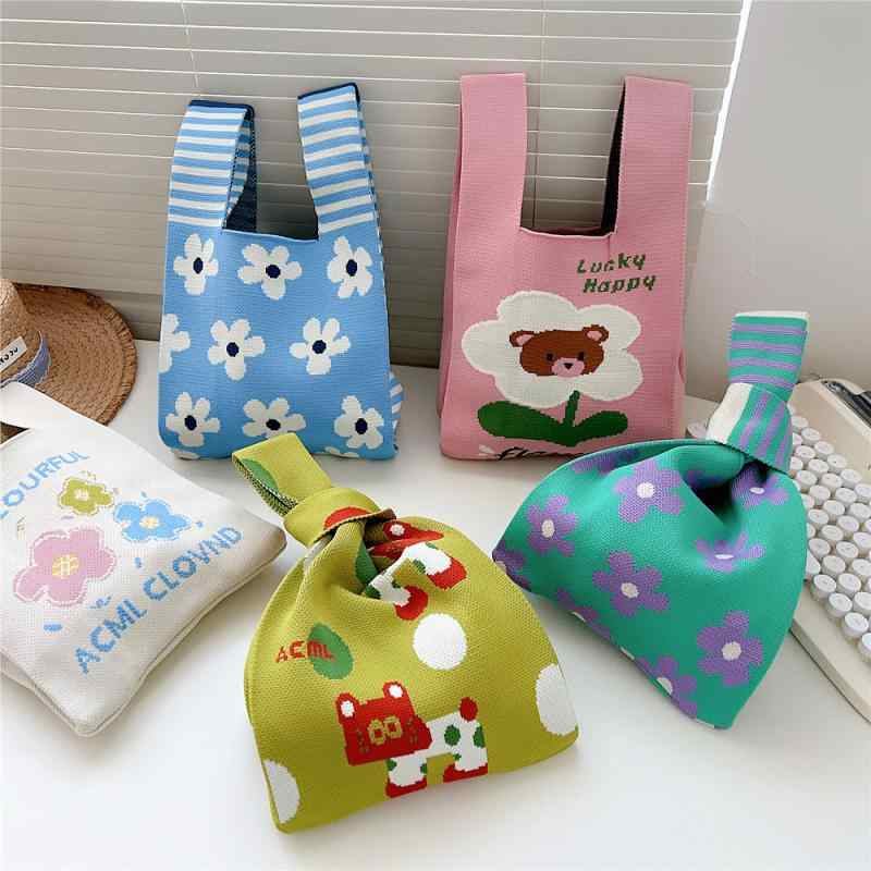 ニット ベスト レディース 春秋 手提げバッグ 花柄 かわいい 通勤 鞄 カラフル 犬 水玉 編み込み 切り..