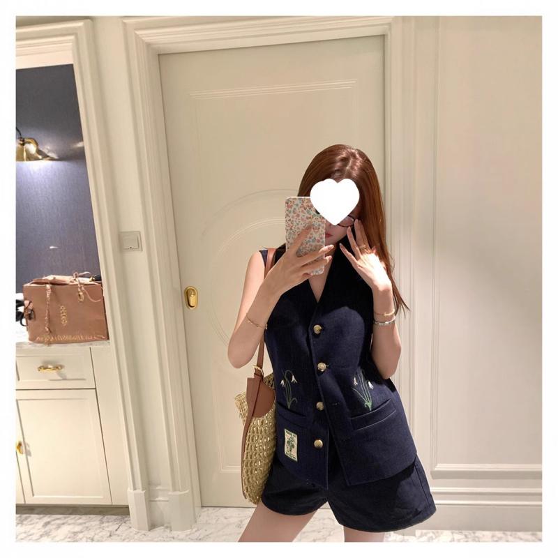 ベスト レディース Vネック コットン デニム 刺繍 原牛色 通勤着 普段使い 7分袖 おしゃれ かわいい 接..