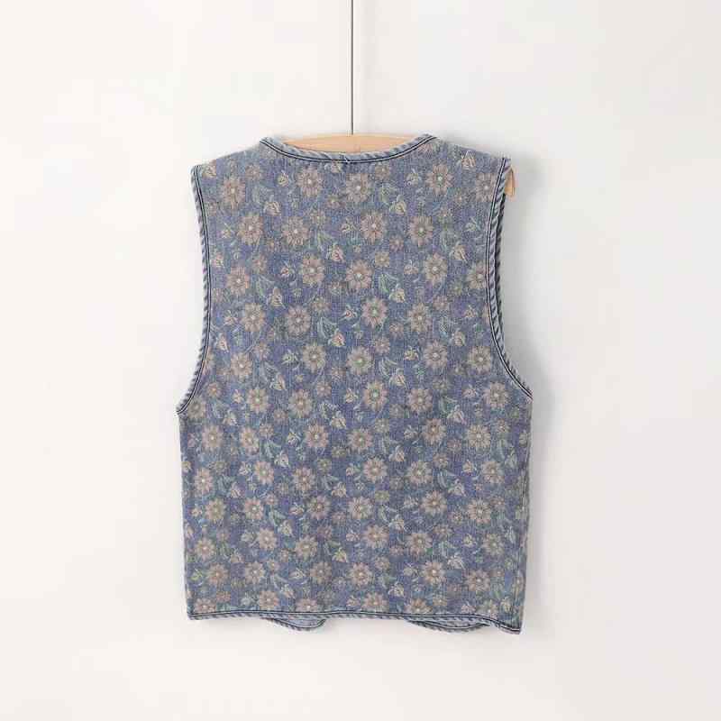 ベスト レディース デニム Vネック ゆったり 韓国風 プリント柄 カジュアル 婦人服 トップス