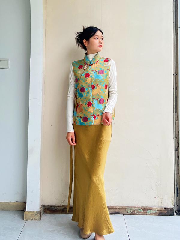 ベスト レディース 春秋 ポリエステル 花柄 刺繍 チャイナ風 ミドル丈 レトロ エスニック 重ね着