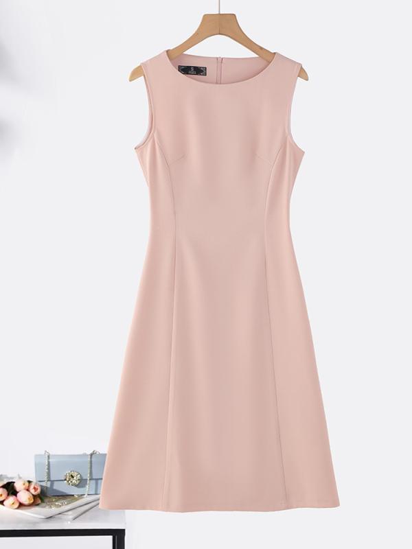 ワンピース レディース 春夏 韓国風 Aライン ノースリーブ 膝丈 ポリエステル 無地 ブラック ピンク系 ..