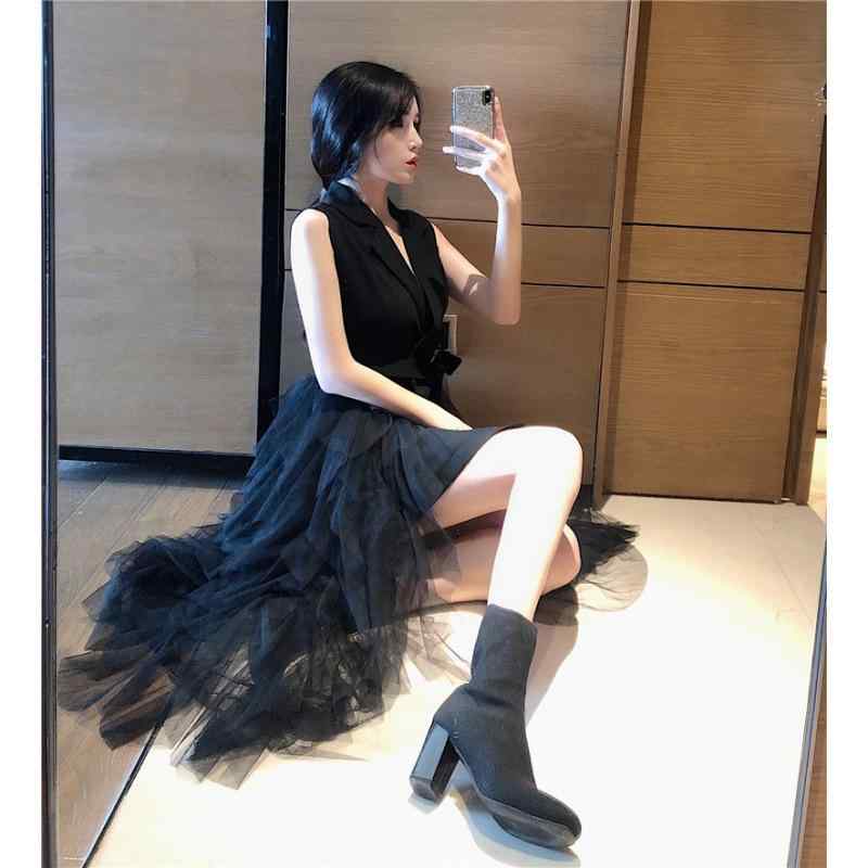 ワンピース レディース ノースリーブ Vネック メッシュ 切り替え 高見え エレガント カジュアル 韓国風..