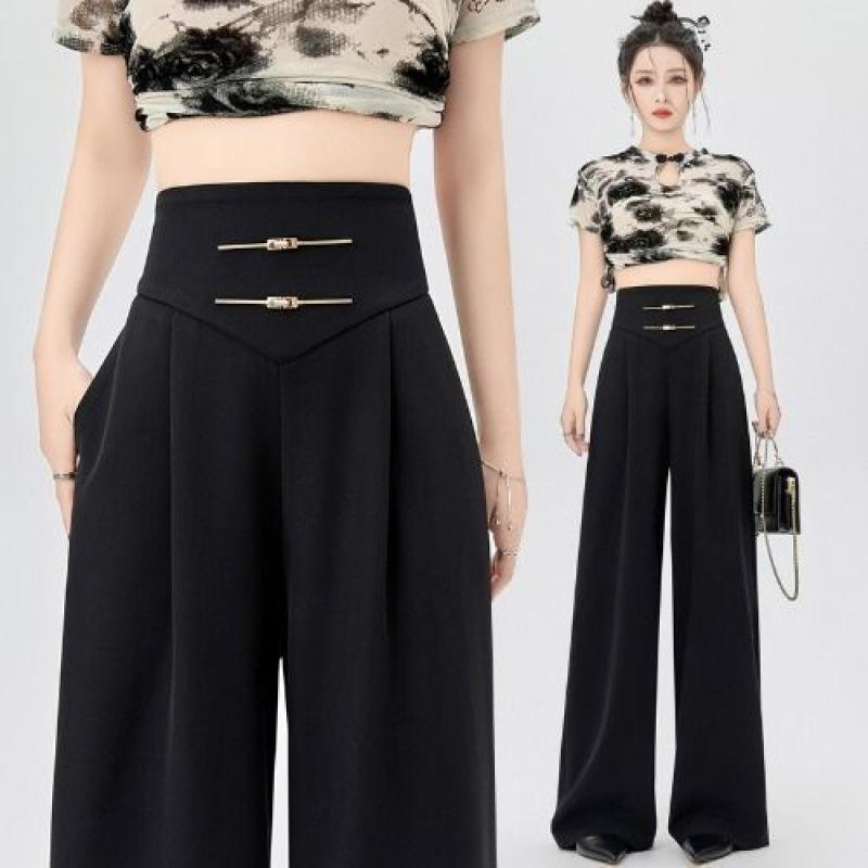 パンツ レディース 新中式 ワイドレッグパンツ 春夏秋 ハイウエスト プリーツ 腹部コントロール ストレ..