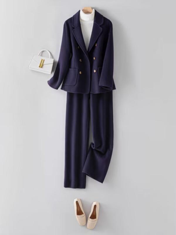 スーツ レディース 秋冬 ウールブレンド テーラードジャケット パンツスーツ セットアップ オフィススタイル ビジネス フォーマル 紺色 ネイビー 無地 長袖