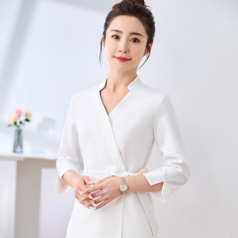 エステユニフォーム レディース 春夏秋冬 SPA マッサージ 施術着 上下セット 七分袖 半袖 杏色 グレー ホワイト ブラック