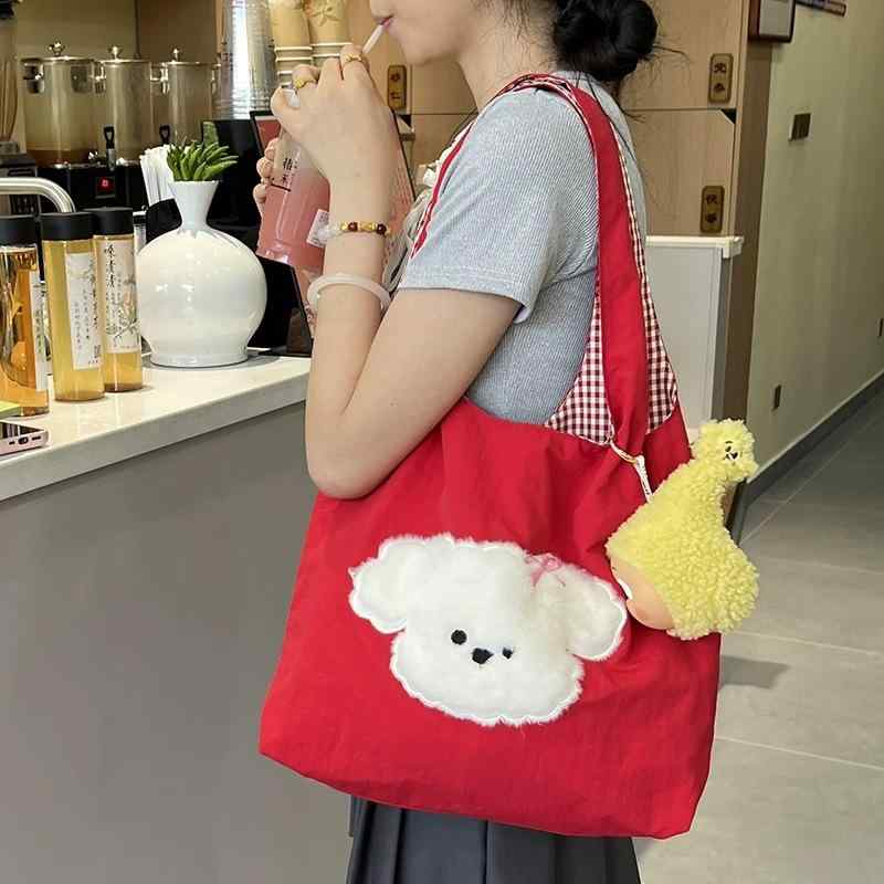 トートバッグ かわいい 赤色 犬柄 通勤 通学 普段使い ナイロン 大容量 ぬいぐるみ