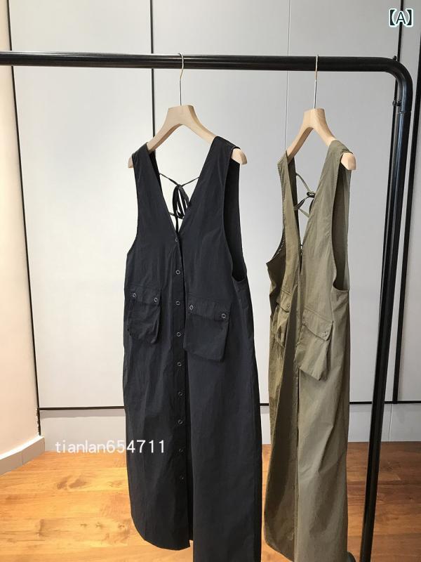 ワンピース レディース 背心裙 ジャンパースカート ワークテイスト ロング丈 POLO襟 ノースリーブ 切り..