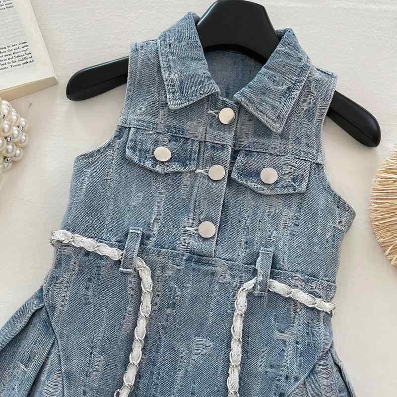 ワンピース 女の子 キッズ ノースリーブ デニム Aライン チュニック 子供服 襟付き ウエスト切り替え ..