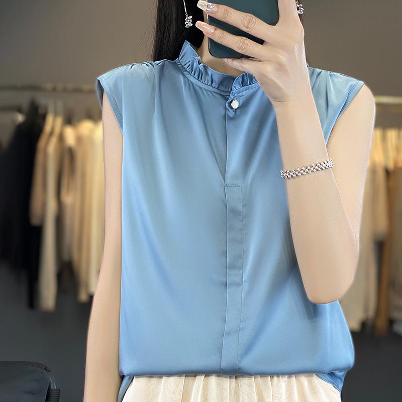 シャツ レディース ノースリーブ ブラウス サテン トップス デザイン カットソー M L XL XXL XXXL ゆっ..