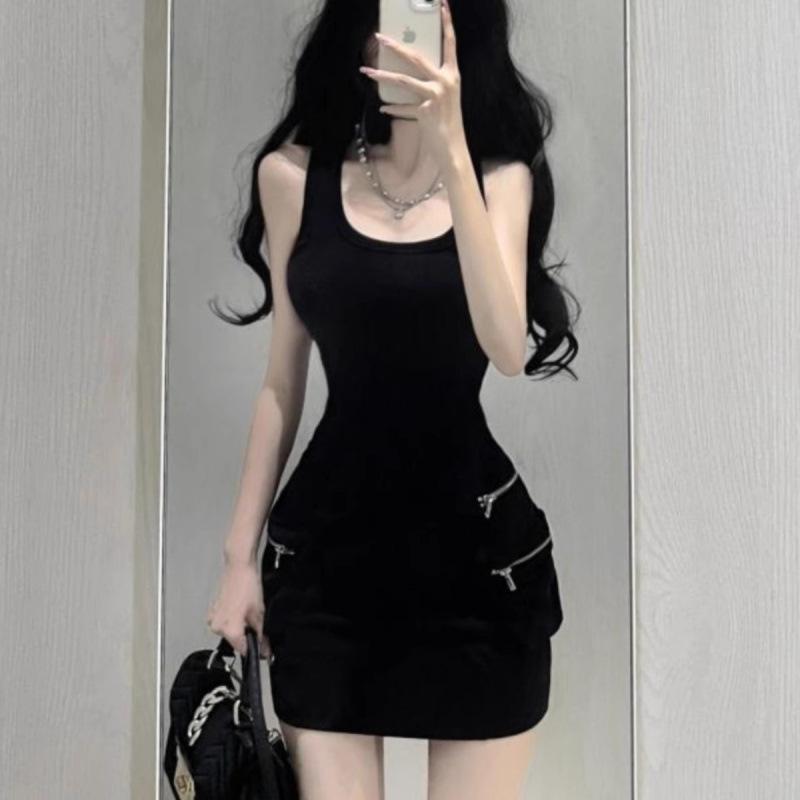 ワンピース レディース 黒 ノースリーブ タイト Aライン ポリエステル ミニ丈 春夏 韓国風 きれいめ 通..