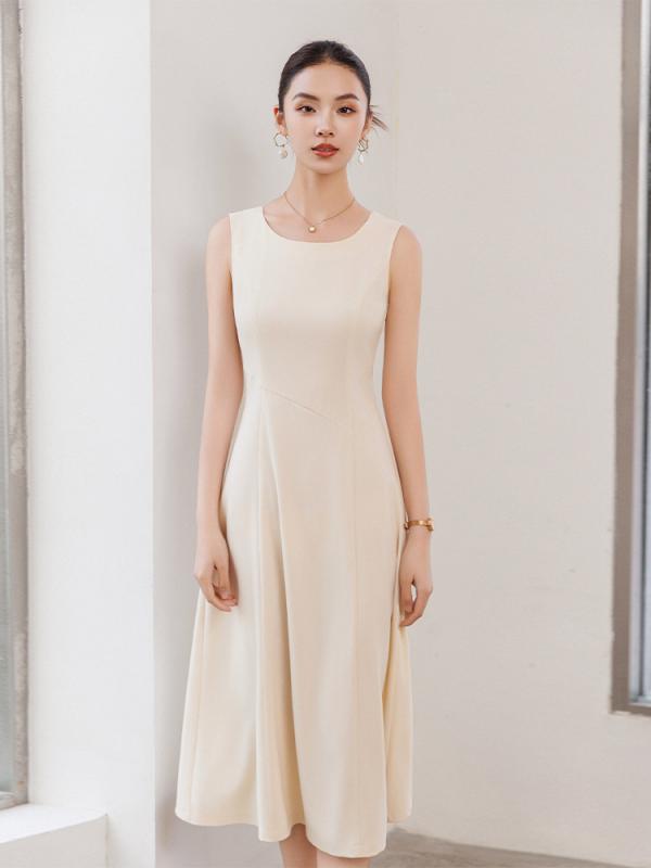 ワンピース レディース ノースリーブ Aライン 膝丈 ポリエステル 無地 韓国風 カジュアル きれいめ フ..