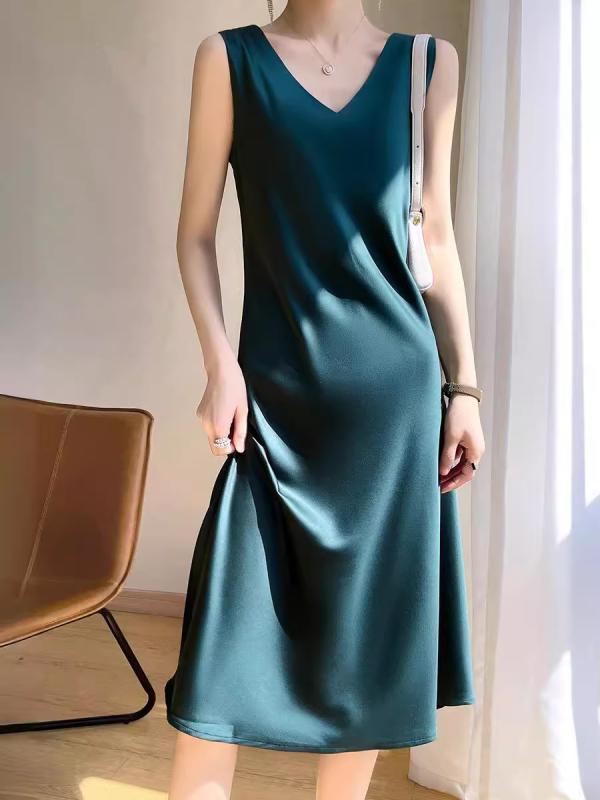 ワンピース レディース 春夏 Vネック ノースリーブ Aライン ロング丈 吊りスカート ヘップバーン風 シ..