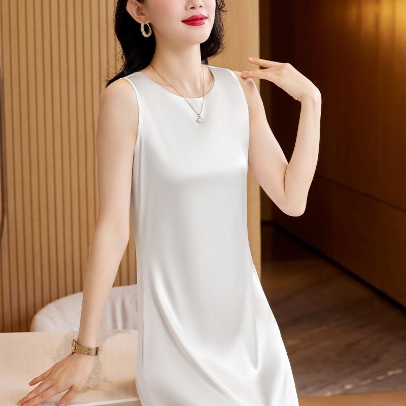 ワンピース レディース 春夏 サテン Aライン ノースリーブ ミディ丈 ワインレッド ブラック オフホワイ..