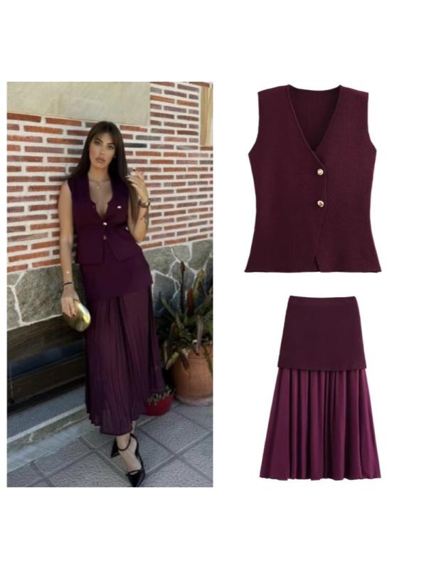 ワンピース レディース 膝下丈 ノースリーブ ニット ベスト トップス セットアップ Aラインスカート 高..