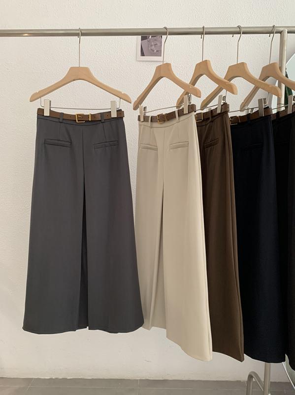 スカート レディース 高腰 Aライン 韓国風 着痩せ 無地 スーツスカート ロング丈 ミモレ丈 ポリエステル ブラック コーヒー色 杏色 紺色