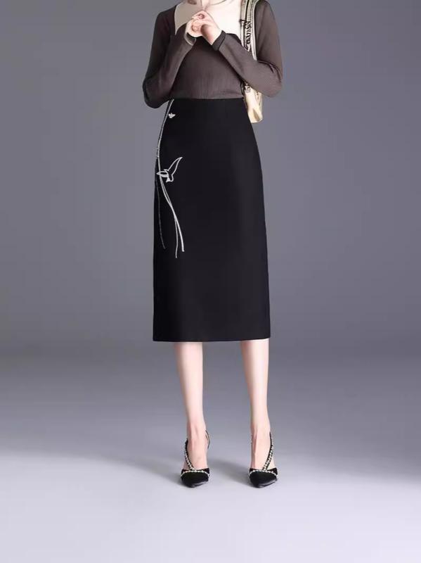 スカート レディース 秋冬 高腰 スリット ミモレ丈 スーツスカート チャイナ風 刺繍 Aライン ポリエス..