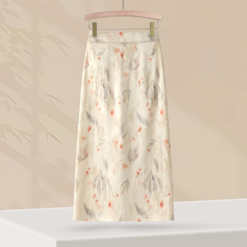 スカート レディース 春夏 サテン プリント Aライン 包臀 ミディ丈 ひざ下丈 通勤 きれいめ イエロー ..