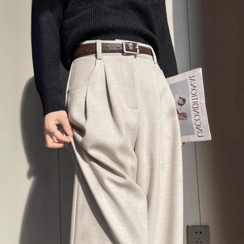 スーツ レディース 秋冬 高腰 ワイドレッグパンツ 裏起毛 ポリエステル アプリコット ブラック ブラウ..