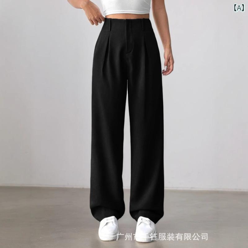 パンツ レディース ワイドパンツ ポリエステル 直筒型 ロングパンツ ハイウエスト ブラック グレー コ..