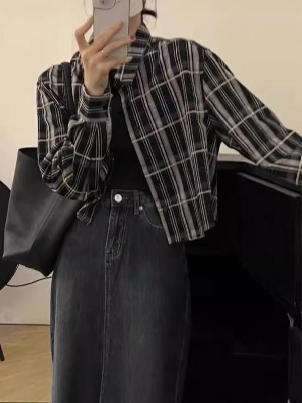 シャツ レディース 長袖 春秋 格子柄 ポリエステル デザイン トップス カジュアル 重ね着風 アウター P..