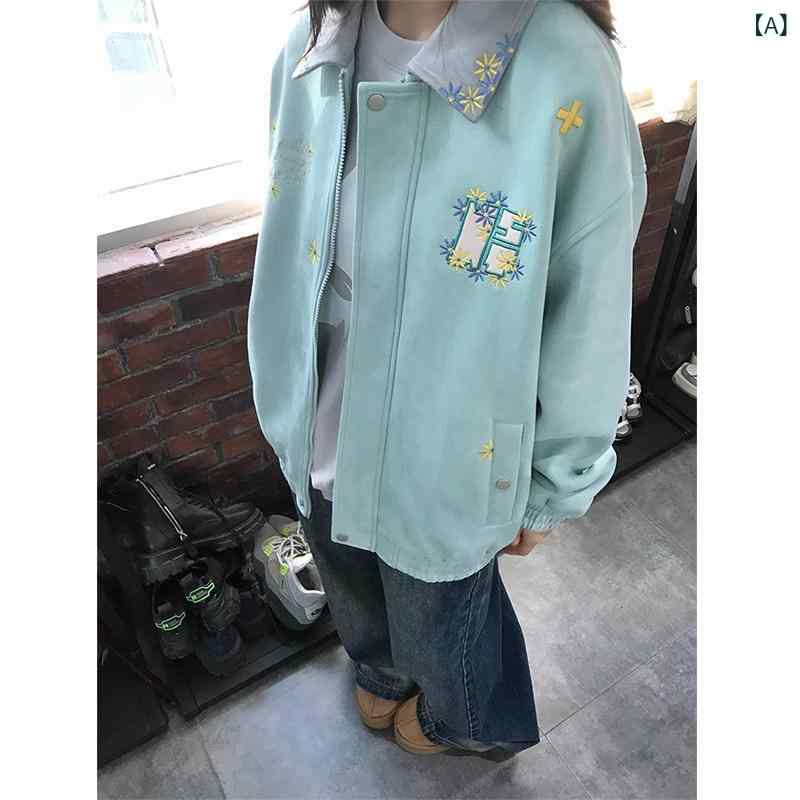 ジャケット レディース 刺繍 デイジー アメリカン レトロ スエード調 春秋 配色 襟付き