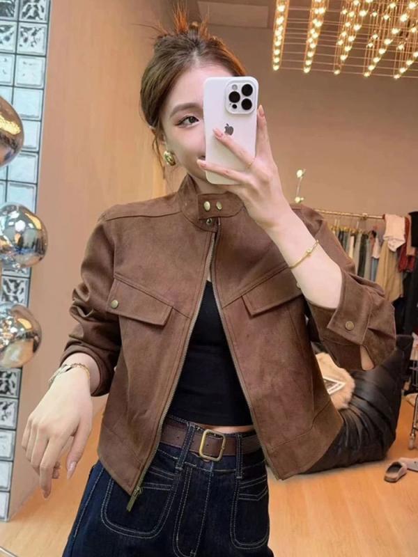 ジャケット レディース スエード調 ショート丈 ブルゾン 春秋 韓国風 ゆったり 長袖 アウター ワインレ..