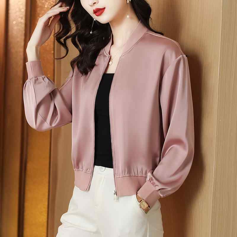 ジャケット レディース 春 ブルゾン ジャンパー アウター 婦人服 長袖 ショート丈 立ち襟 無地 ポリエ..