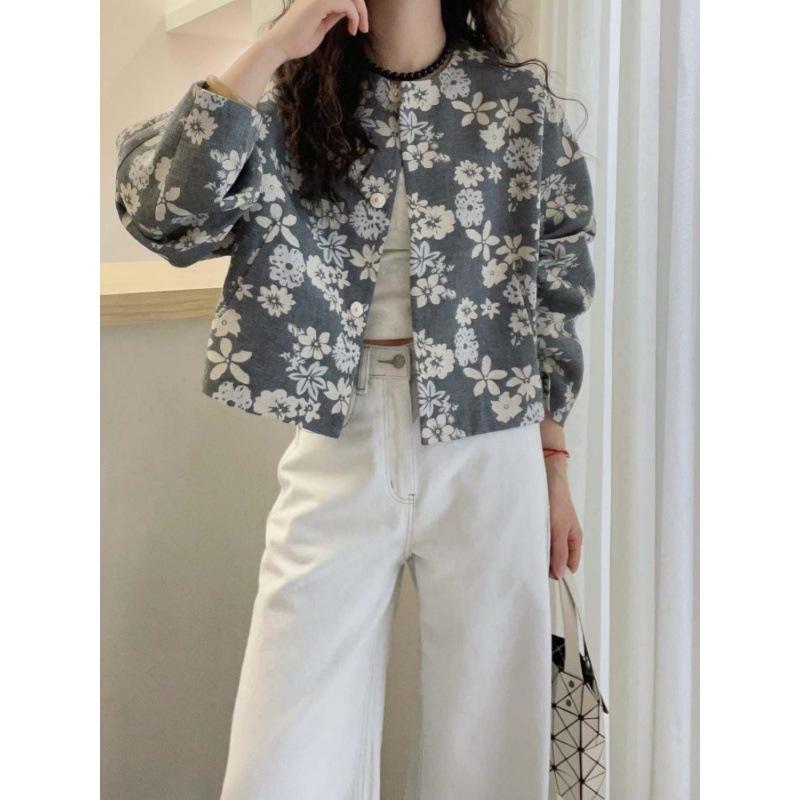 ジャケット レディース ラウンドネック ショート丈 婦人服 ポリエステル フラワープリント 長袖 アウタ..