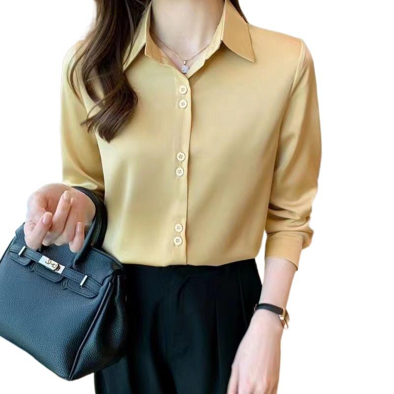 シャツ レディース 長袖 春秋 絹 シルク サテン トップス ブラウス オフィス 通勤 シンプル 無地 黄色 ..