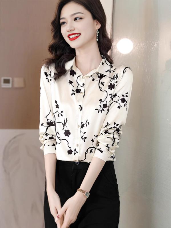 シャツ レディース 桑蚕糸 真丝 薄手 トップス エレガント OL 通勤着 ブラウス 長袖 植物花柄 プリント..
