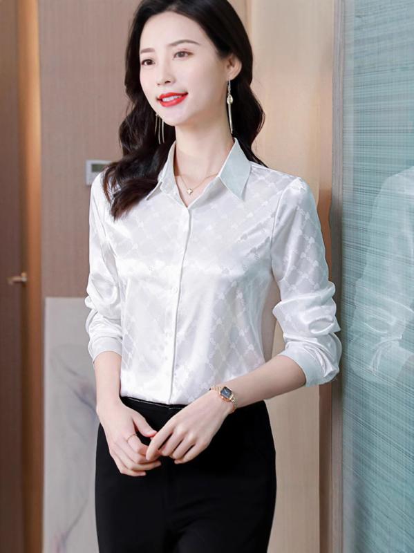 シャツ レディース 長袖 トップス 春秋 薄手 ファッション 気質 ポロ襟 シルクシャツ ブラウス オフィ..