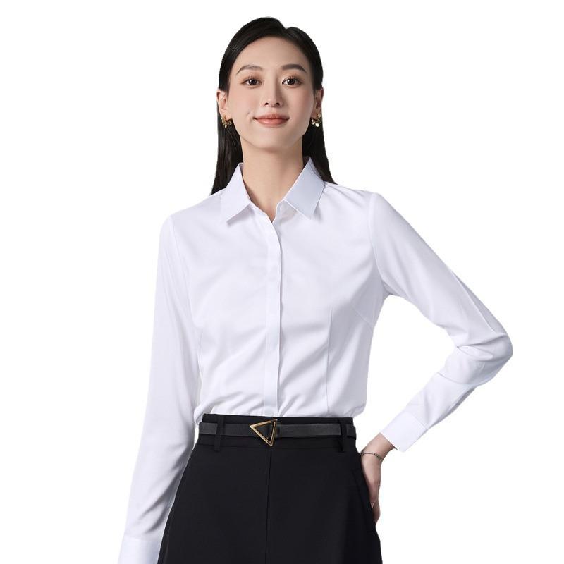 シャツ レディース 長袖 オフィス フォーマル ブラウス Vネック コットン ポリエステル 無地 修身 OL ..