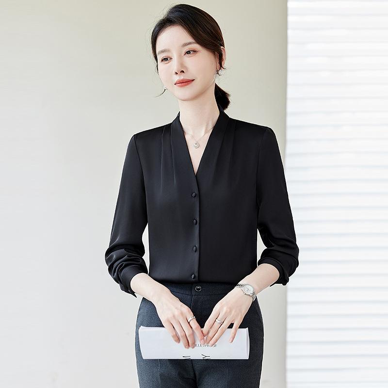 シャツ レディース 長袖 Vネック オフィス 通勤 無地 ポリエステル トップス ブラウス 白 黒 アプリコ..