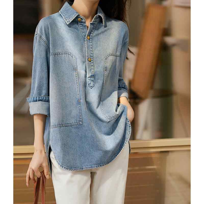 Blouses - シャツ レディース 長袖 デニム コットン 春秋 トップス 短丈 デザイン おしゃれ かわいい 通勤 カジュアル ブルー