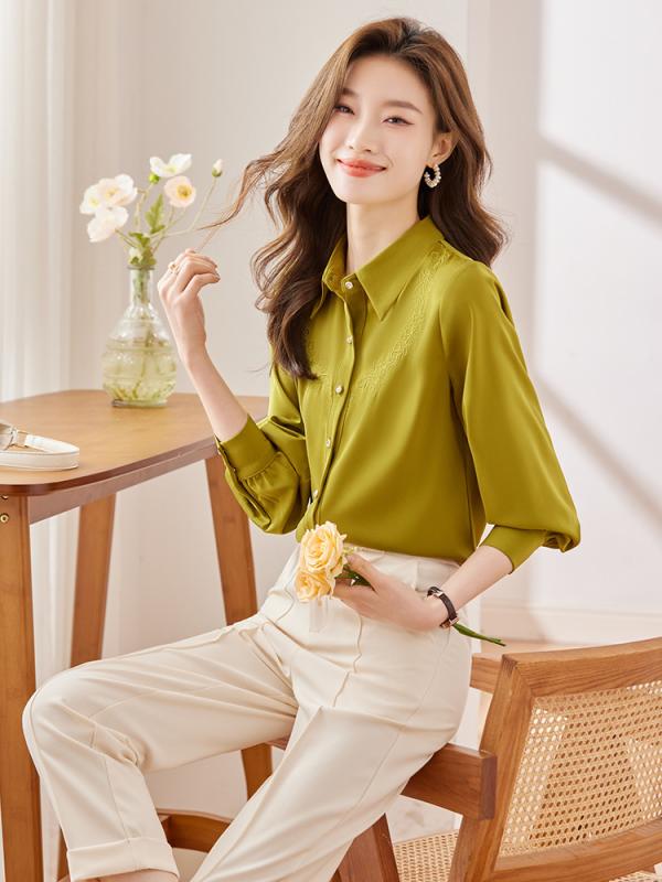 シャツ レディース 長袖 高級感 刺繡 幾何学模様 サテン ポリエステル オフィス カジュアル ゆったり ..