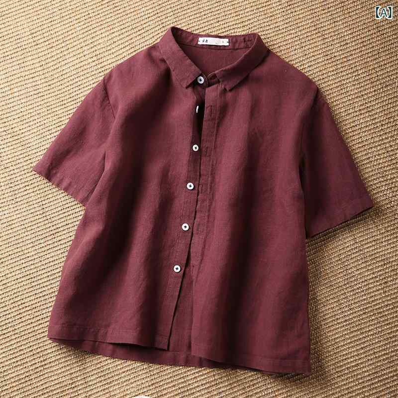 シャツ レディース 麻 リネン混紡 無地 半袖 ブラウス トップス 西洋風 スーツ襟 ショート丈 小柄 ゆっ..