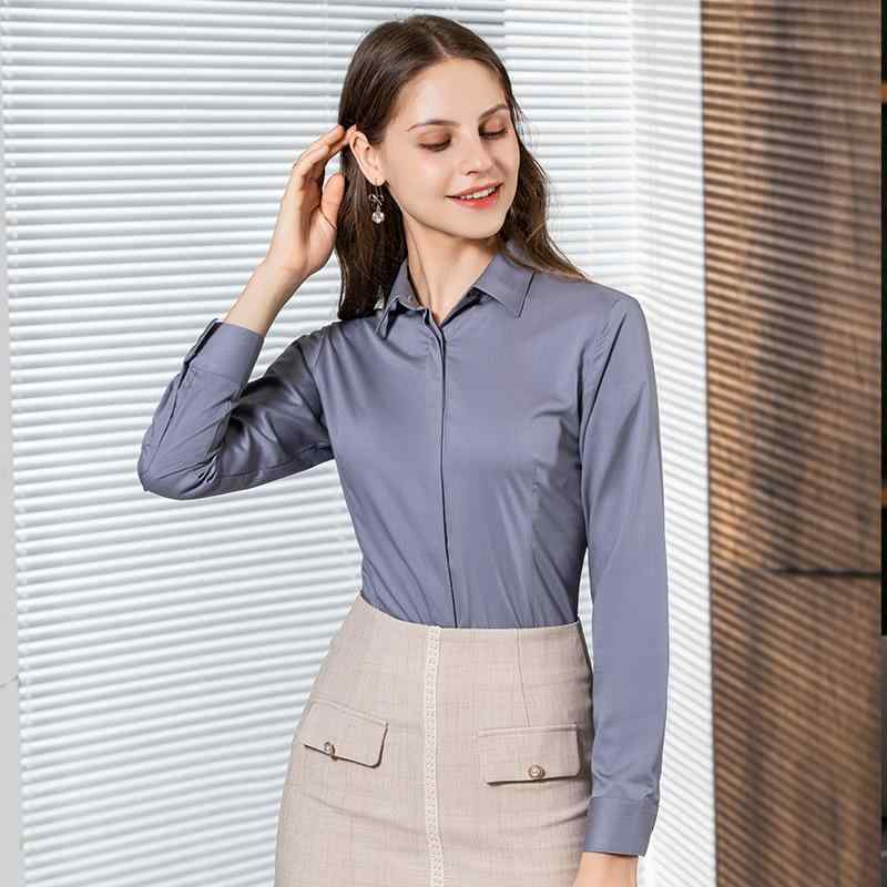 シャツ レディース 長袖 竹繊維 職業着 方襟 灰色 トップス 修身 通気 百搭 ホワイト ブラック ブルー ..