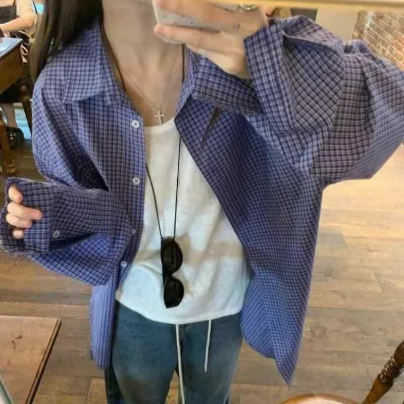 シャツ レディース ブルー 格子柄 長袖 コットン 刺繡 レトロ ボーイフレンド風 ワークシャツ ブラウス