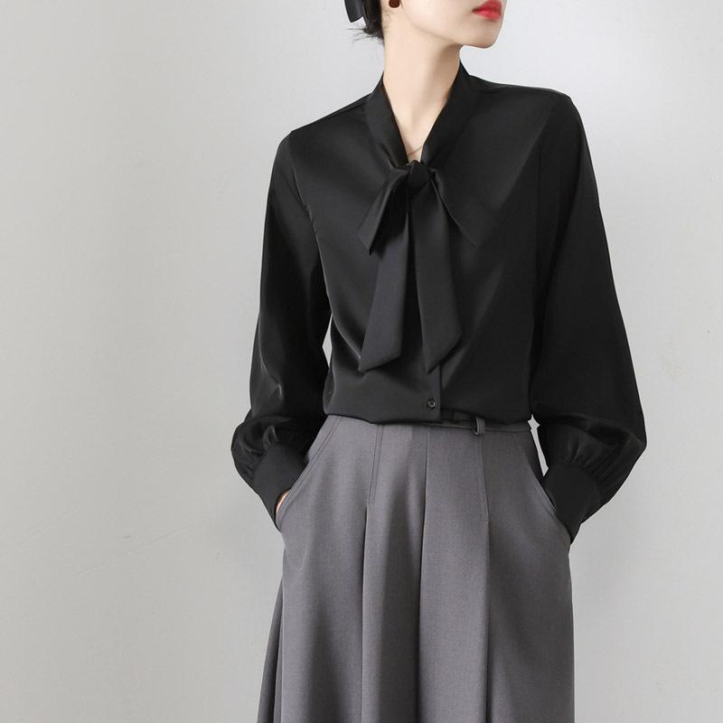シャツ レディース 長袖 職業 婦人服 ブラウス ちょう結び リボン ポリエステル サテン 光沢感 3D エレ..