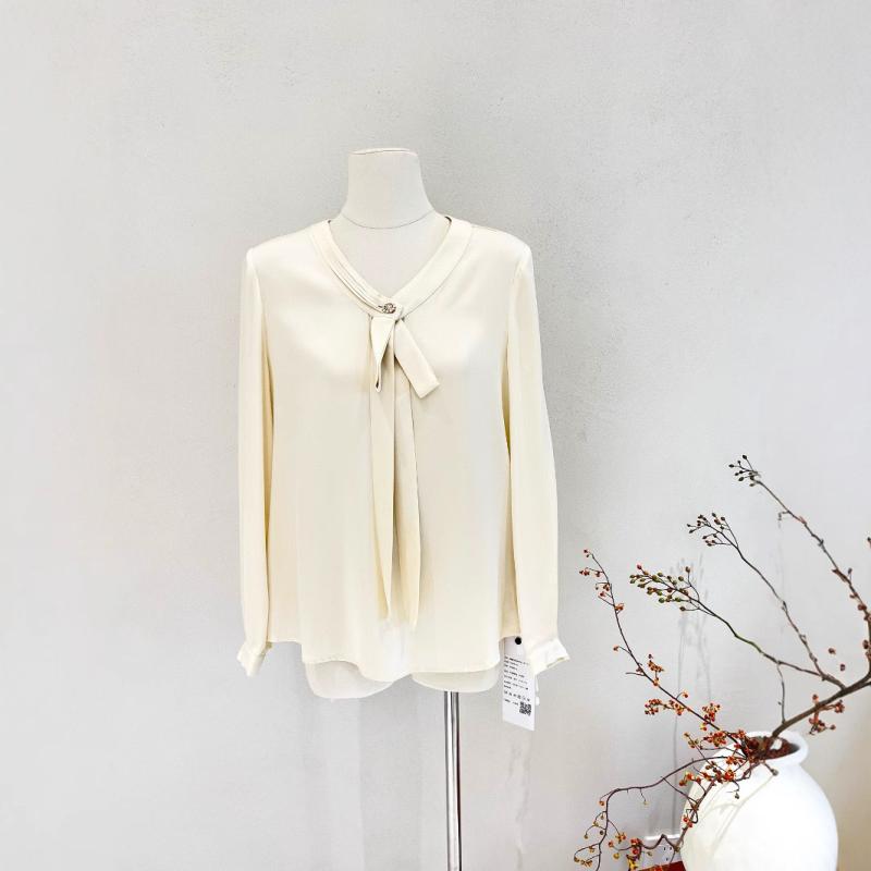 シャツ レディース 春夏 シルク 桑蚕丝 長袖 Vネック リボン ボウタイ デザイン オフィス カジュアル ..