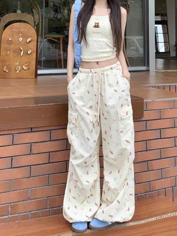 カジュアルパンツ レディース 韓国風 小熊 プリント ハイウエスト ワイドレッグ ゆったり ストレート ..