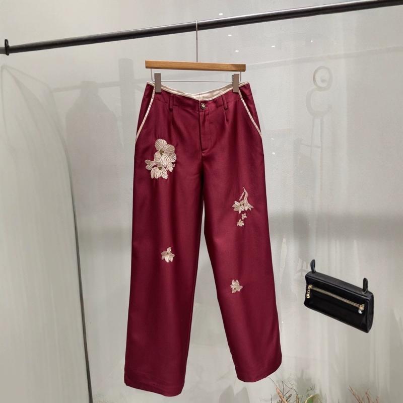 パンツ レディース シルク ウール 混紡 ワイドレッグパンツ 刺繍 ミドルウエスト 深紅 ダークブルー オ..