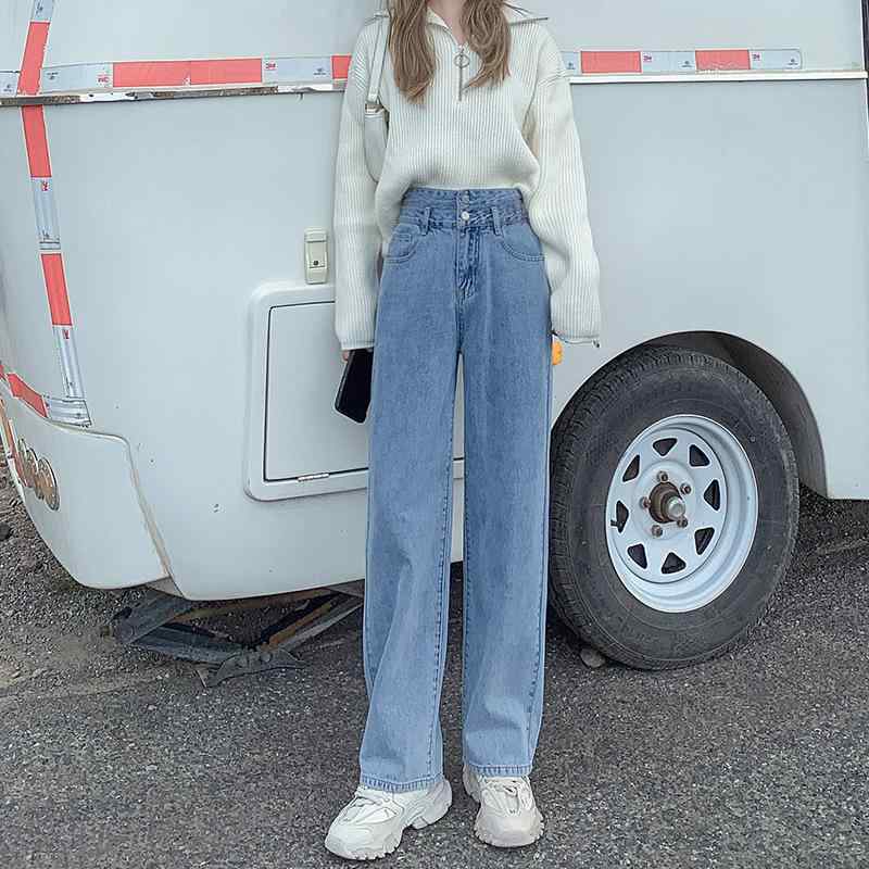 デニム レディース ハイウエスト ワイドレッグ ジーンズ ゆったり ストレート ズボン パンツ ジーパン 体型カバー 美脚 脚長効果 綿 デ..