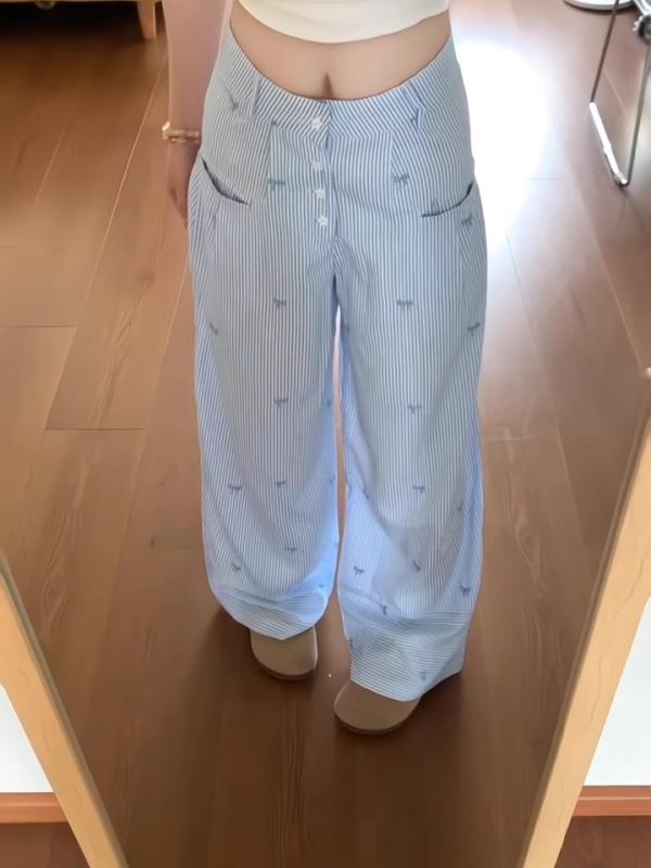 パンツ レディース ブルー ストライプ 刺繡 リボン 接触冷感 春夏 リラックス ワイドレッグ ストレート