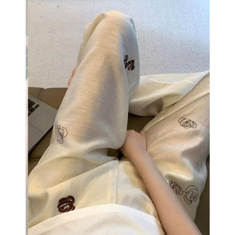 パンツ レディース 刺繡 麻混紡 ワイドレッグパンツ ストレートパンツ リラックス ゆったり 杏色 春夏