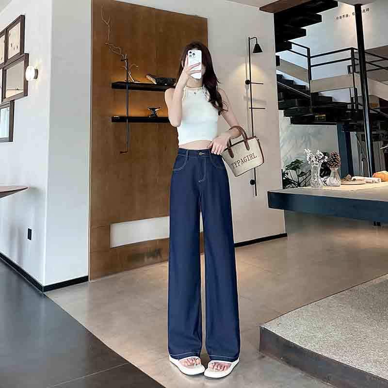デニム レディース 阔腿裤 高腰 ワイドパンツ ストレート 薄手 ジーンズ ジーパン 切り替え 春夏 カジュアル 通勤 普段使い デニムブルー