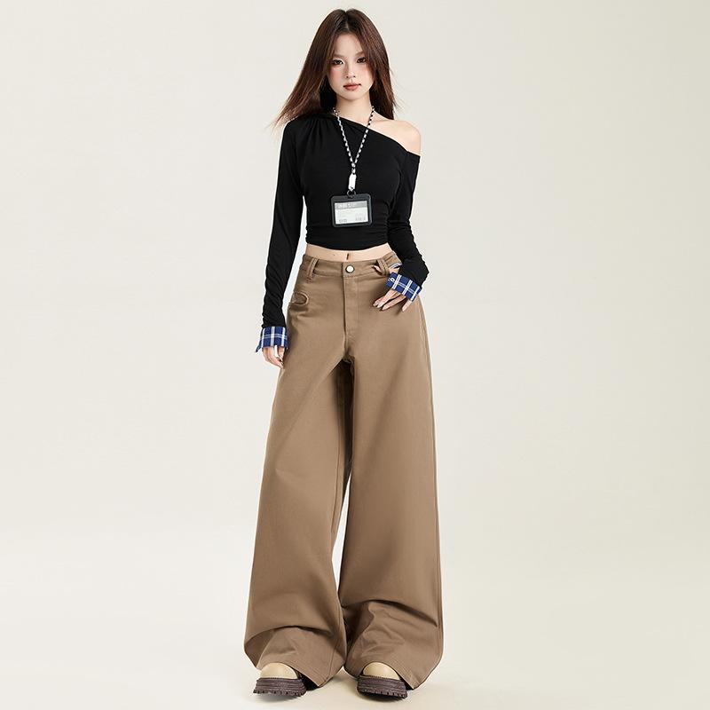 パンツ レディース ワイドパンツ カーキ色 ミラード スタイル 高見え 高腰 落ち感 美脚 ルーズ ゆったり リラックス ポリエステル 綿 ..