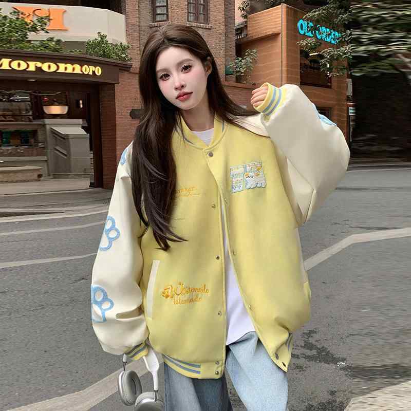 ジャケット 男女兼用 野球 春秋 カップル トップス ゆったり 刺繍 黄色 ブルー ポリエステル 日韓風